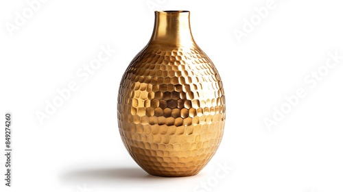 Gold vase with a textured surface on a white background.
