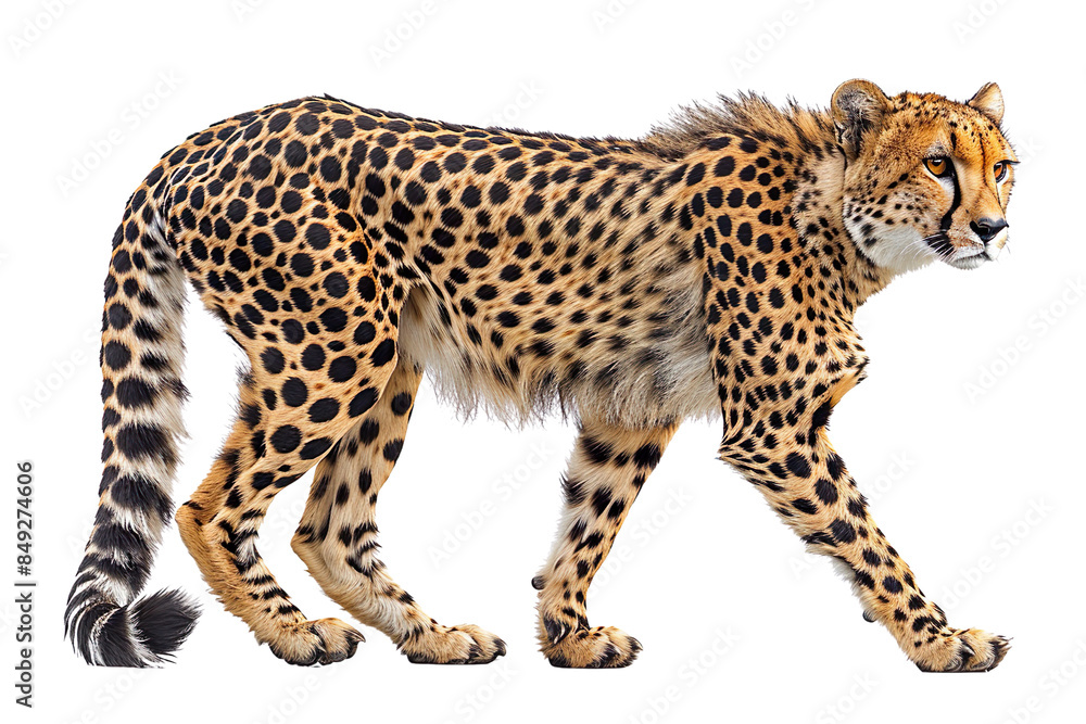 View from side of cheetah on white background, transparent background View from side of cheetah on white background, transparent background