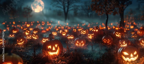 Spooky Halloween Pumpkin Patch at Night with Glowing Jack-O'-Lanterns Under Full Moon photo