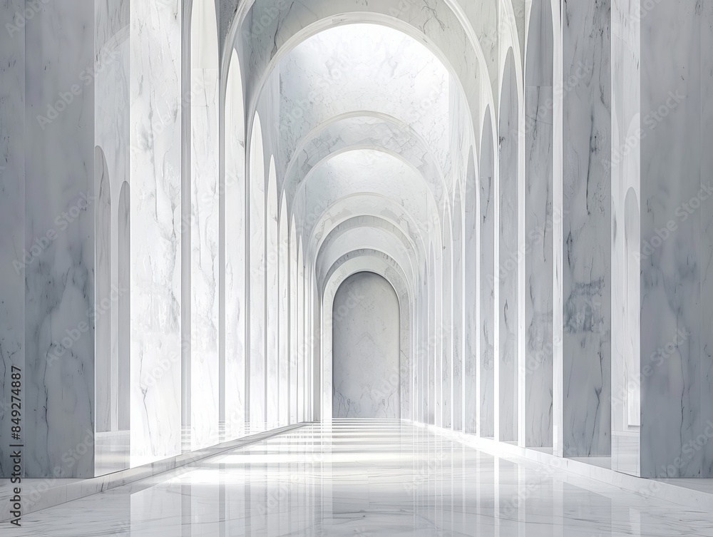 A long white marble hallway with arched openings on both sides. A long white marble hallway with arched openings on both sides.