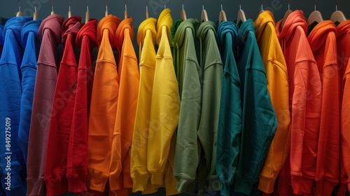 A row of colorful sweatshirts hanging on a rack