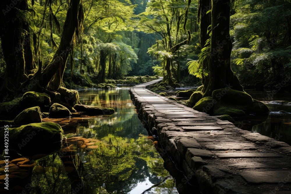 Mossman Gorge Trail lush jungle and serpentant streams., generative IA