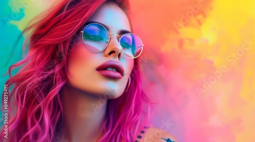 Young woman with vibrant makeup and pink hair, stylish glasses