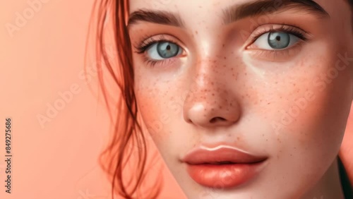 Wallpaper Mural Close-up portrait of a woman with blue eyes and freckles against a peach background. Concept of natural beauty, facial features, and elegance
 Torontodigital.ca