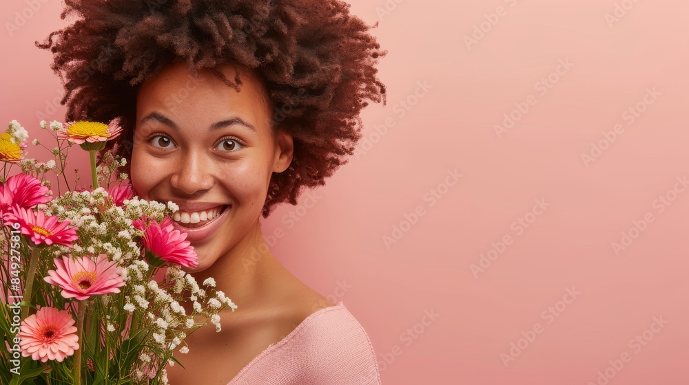 Woman beams with happiness, holding a bouquet of fresh flowers Woman beams with happiness, holding a bouquet of fresh flowers