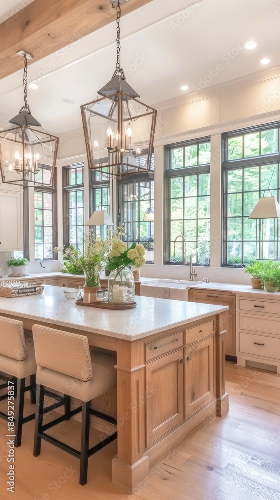 a modern luxury kitchen with an island, featuring white oak cabinetry and soft lighting, designed in the style of an English country house. a modern luxury kitchen with an island, featuring white oak cabinetry and soft lighting, designed in the style of an English country house.