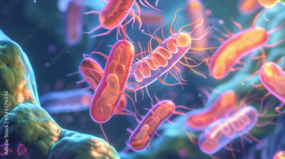 Fototapeta premium Futuristic illustration depicting the hidden beauty of gut-friendly bacteria, super realistic