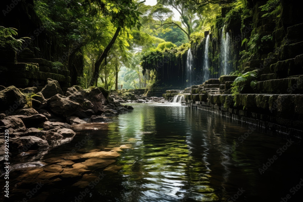 Naklejka premium Magic Scenario in Cairns Ruins and Waterfalls at Paronella Park., generative IA
