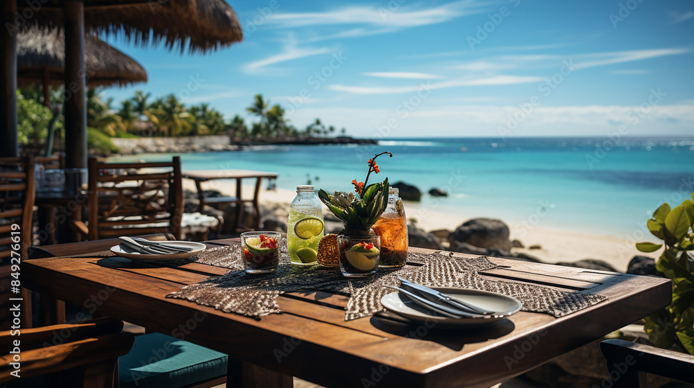 Restaurant table with food at a tropical resort beach paradise. Enjoy amazing nature, a stunning ocean lagoon, blue skies, and palm trees. Perfect for a luxury summer vacation and travel adventure. Restaurant table with food at a tropical resort beach paradise. Enjoy amazing nature, a stunning ocean lagoon, blue skies, and palm trees. Perfect for a luxury summer vacation and travel adventure.