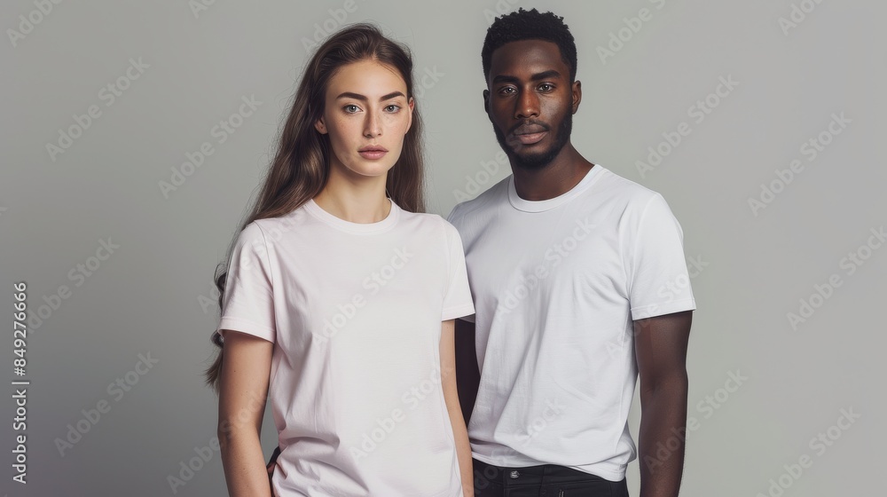 Man and woman in matching T-shirts standing side by side, grey background Man and woman in matching T-shirts standing side by side, grey background
