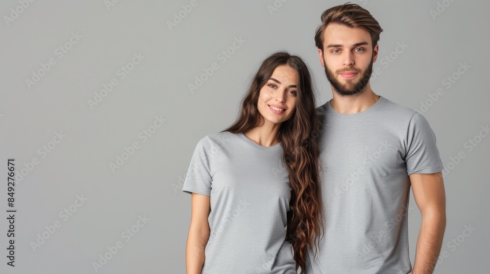 Stylish couple stands side by side, wearing matching T-shirts Stylish couple stands side by side, wearing matching T-shirts