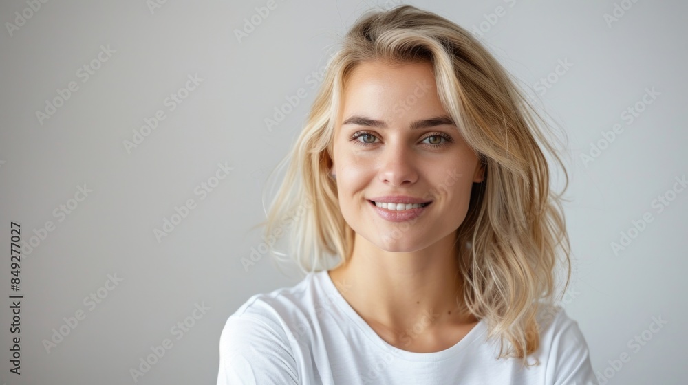 Portrait of blonde woman in white tshirt smiling at camera isolated on light background. Portrait of blonde woman in white tshirt smiling at camera isolated on light background.