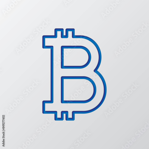 Bitcoin simple icon vector. Flat design. Paper cut design. Cutted blue symbol with shadow. Gray background