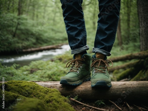 man hiking shoes and blue jeans