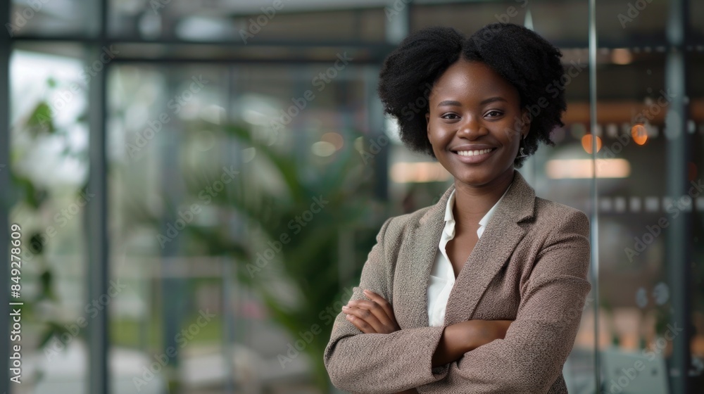 Portrait of smiling black business woman in office. Portrait of smiling black business woman in office.