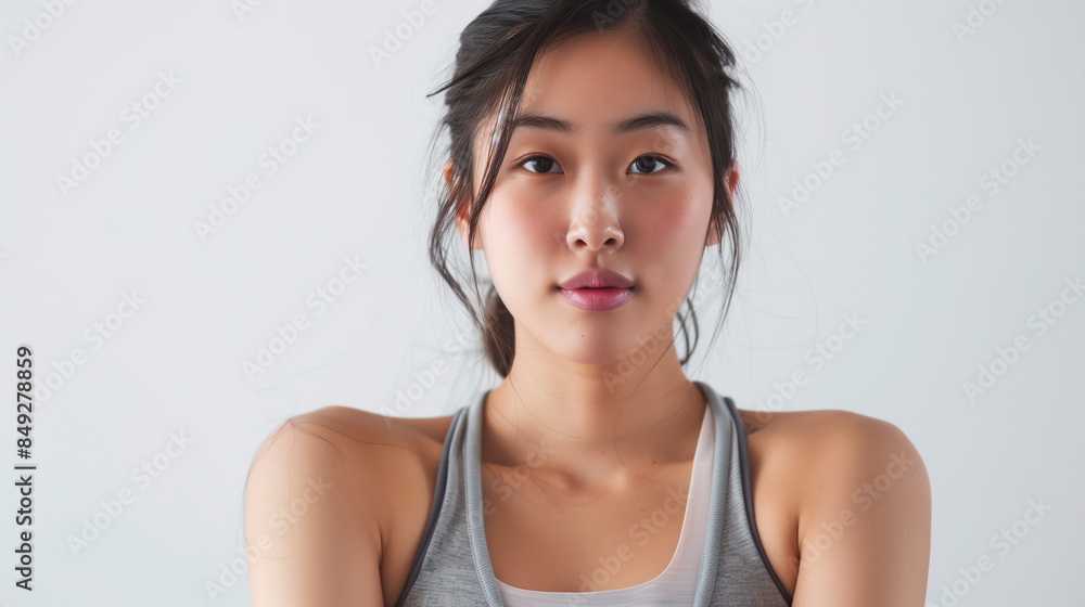 A young asian woman is doing stretching training, while looking at the camera A young asian woman is doing stretching training, while looking at the camera