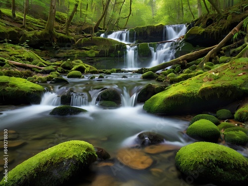 A serene mountain landscape adorned with numerous cascades. Water flows gracefully over rugged rocks, forming cascading streams that weave through lush green valleys.