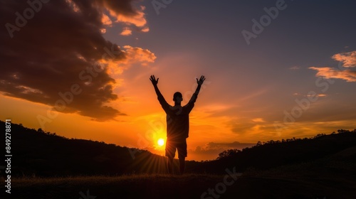 Silhouette of a happy active man raised hand against sunrise. Early riser, morning exercise, wellness life, freedom concept. Generative AI