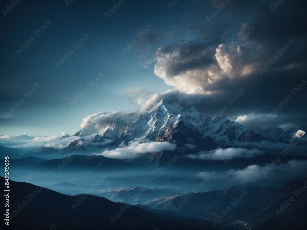 Clouds covering mountains in the moonlight Clouds covering mountains in the moonlight