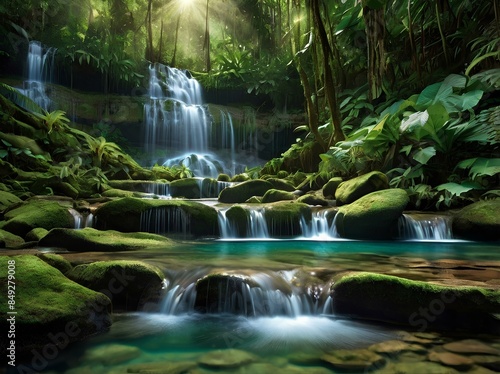 A hidden paradise deep within a tropical rainforest. Here, a series of cascades descend from moss-covered cliffs, each pool below a shimmering oasis of crystal-clear water