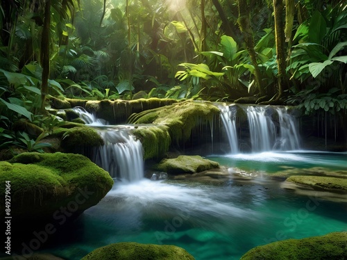 A hidden paradise deep within a tropical rainforest. Here, a series of cascades descend from moss-covered cliffs, each pool below a shimmering oasis of crystal-clear water