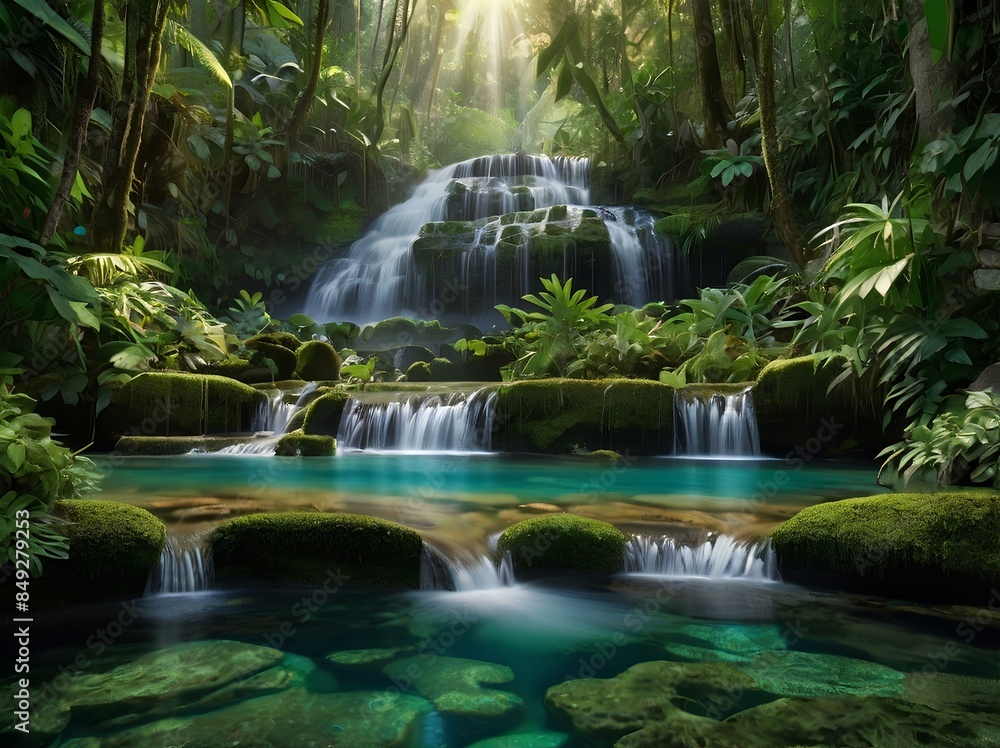 A hidden paradise deep within a tropical rainforest. Here, a series of cascades descend from moss-covered cliffs, each pool below a shimmering oasis of crystal-clear water A hidden paradise deep within a tropical rainforest. Here, a series of cascades descend from moss-covered cliffs, each pool below a shimmering oasis of crystal-clear water