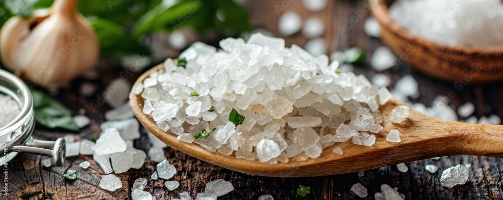 Close-up of coarse salt crystals on a wooden spoon, with natural herbs and garlic, perfect for culinary and cooking themes. Close-up of coarse salt crystals on a wooden spoon, with natural herbs and garlic, perfect for culinary and cooking themes.