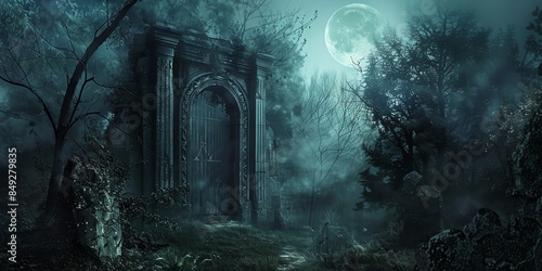 Ancient vampire s lair hidden in a forest, moonlit entrance, eerie and haunting