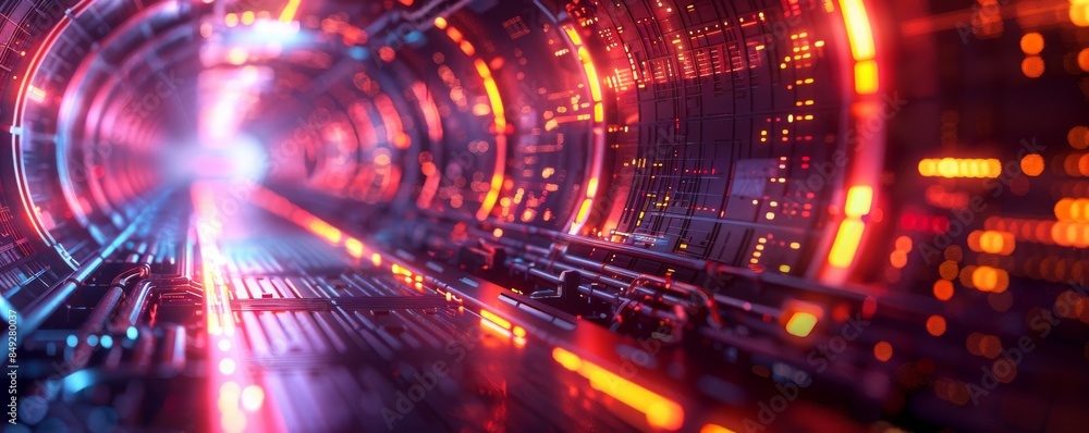 Obraz premium A high-tech tunnel with a holographic interface forms the centerpiece of this abstract futuristic background, filled with digital technology elements and glowing cyberpunk-style lights.
