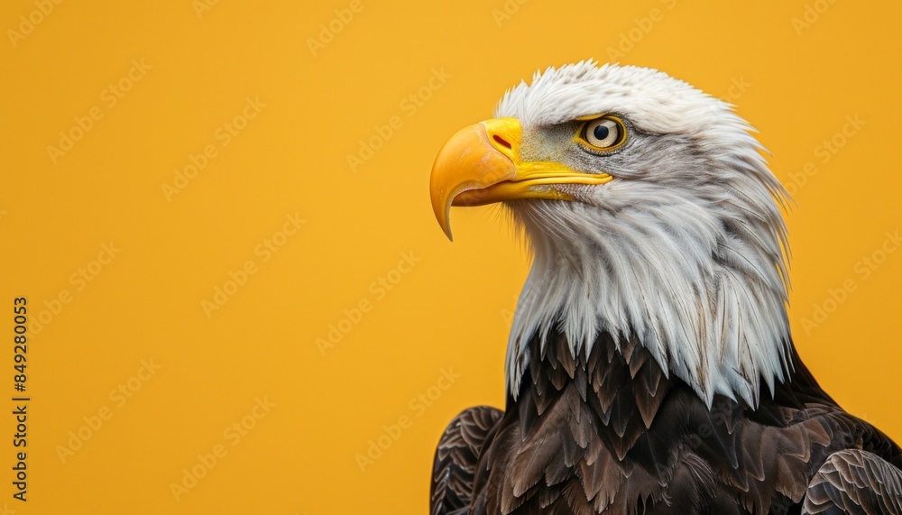Fototapeta premium A cute Bald Eagle sitting on a solid pastel background with space above for text