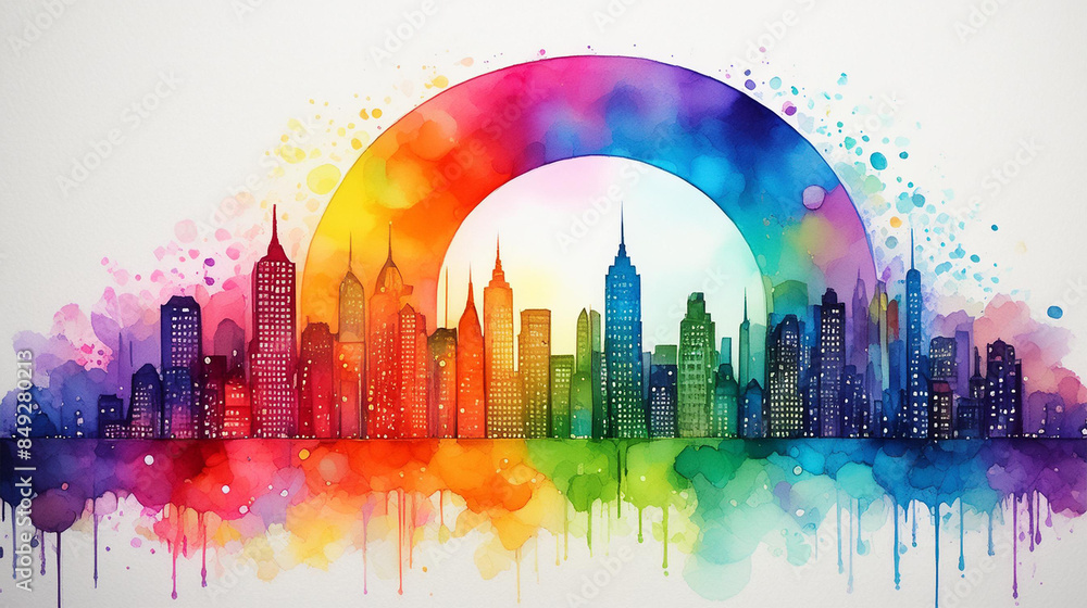 Rainbow Watercolor Painting, Large City Cityscape, background texture, graphic resource Rainbow Watercolor Painting, Large City Cityscape, background texture, graphic resource