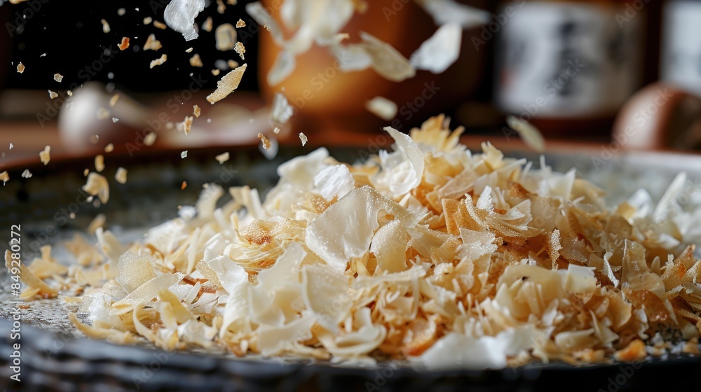 Close-up of fish flakes falling onto a dish, creating a dynamic, appetizing scene. Perfect for culinary or food-related content. Close-up of fish flakes falling onto a dish, creating a dynamic, appetizing scene. Perfect for culinary or food-related content.