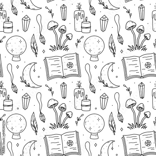 Cute seamless pattern with magic doodles - pendant, gemstones, spellbook, candles. Vector hand-drawn illustration. Perfect for print, wallpaper, decorations.