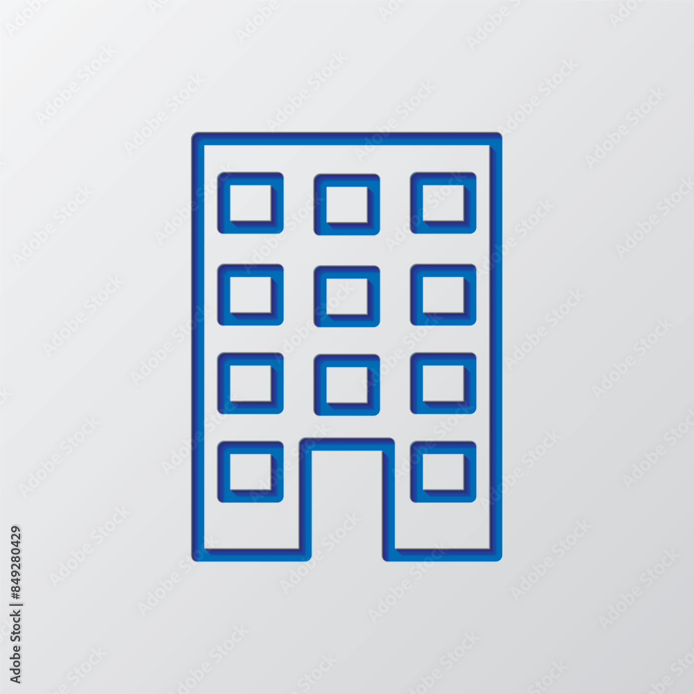 Building simple icon vector. Flat design. Paper cut design. Cutted blue symbol with shadow. Gray background Building simple icon vector. Flat design. Paper cut design. Cutted blue symbol with shadow. Gray background