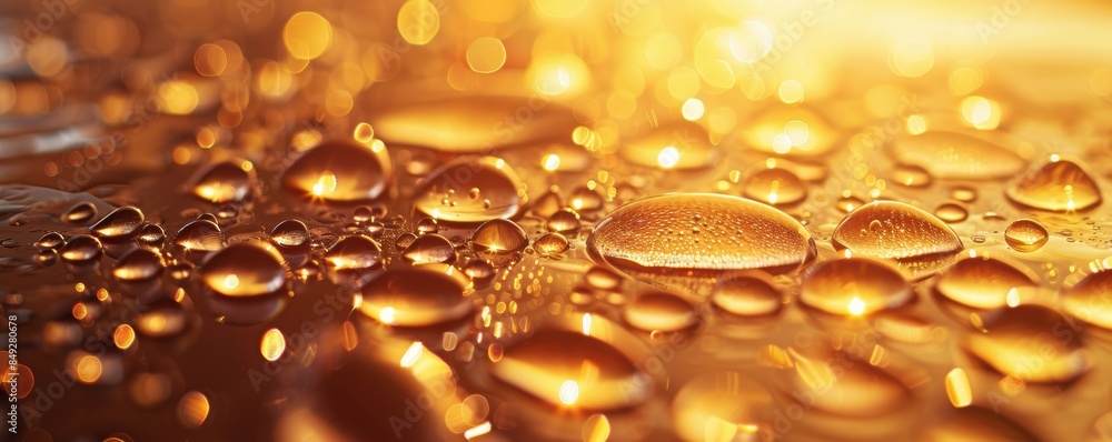Close-up of glossy water droplets on a smooth surface illuminated by warm, golden light, creating a vibrant and reflective pattern. Close-up of glossy water droplets on a smooth surface illuminated by warm, golden light, creating a vibrant and reflective pattern.