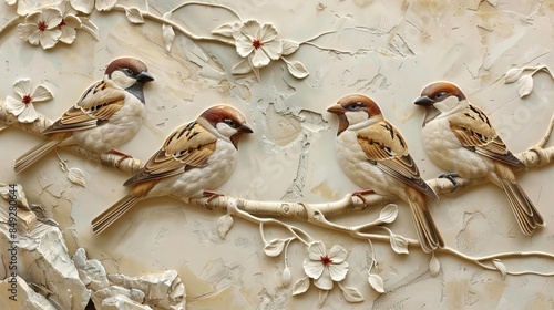 3d sparrow Wallpaper Background golden art for digital printing wallpaper, mural, custom design wallpaper. AI generated illustration photo