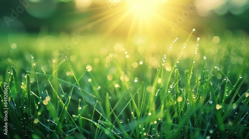 Close-up of fresh morning dew on grass with sunlight breaking through, creating a serene and refreshing natural scene.