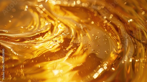 Close-up of golden liquid with vibrant swirls and light reflections, capturing the beauty of fluid movement and rich amber tones.