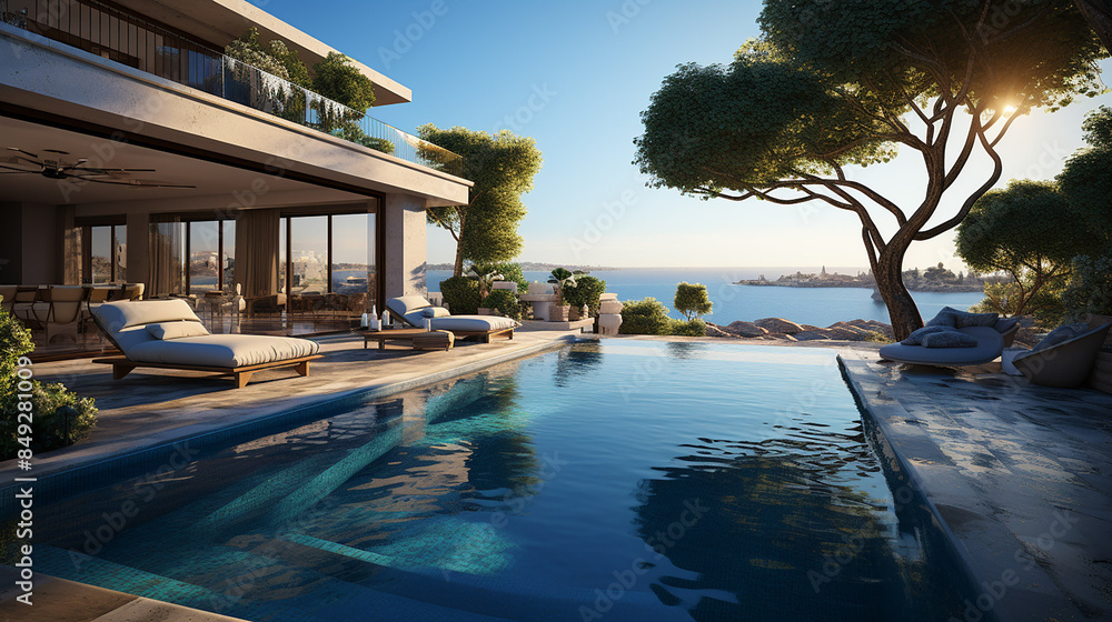 Fototapeta premium Swimming pool in luxury villa with sea view