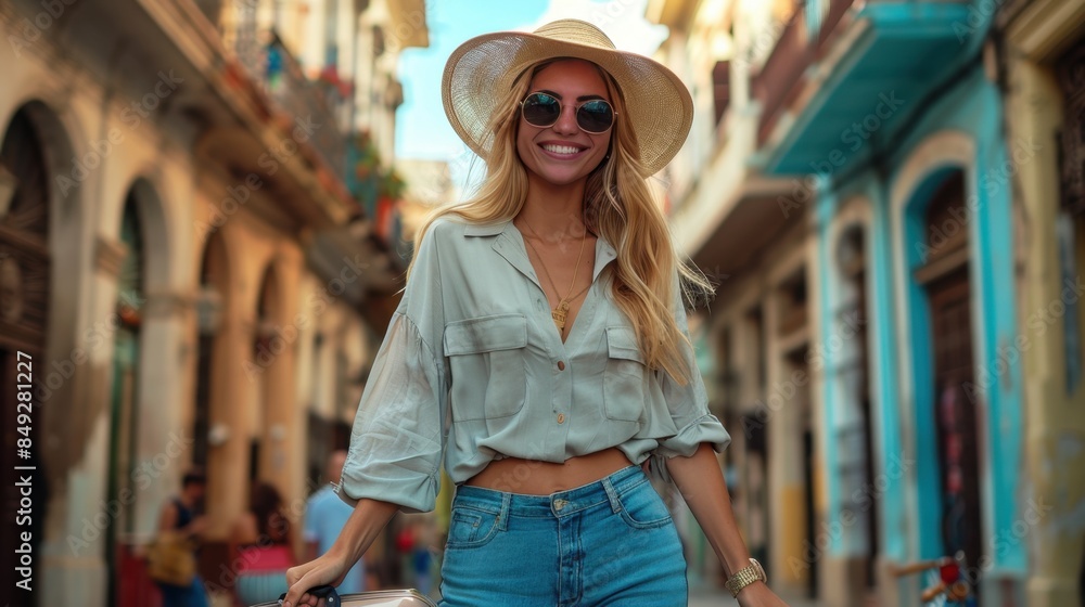 Obraz premium Stylish Woman Inviting to Adventure in Old Havana
