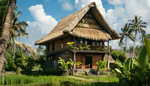 Traditional Balinese wooden house with thatched roof © Oleksiy