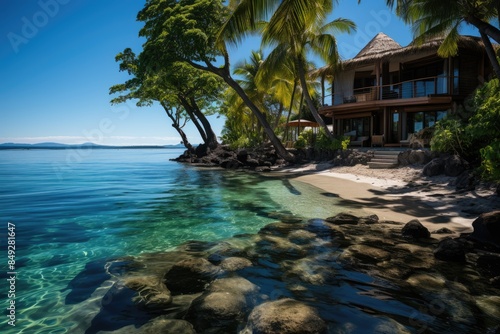 Paradise landscape in Viti Levu, Fiji, with resort shangri-la Fijian by the sea., generative IA