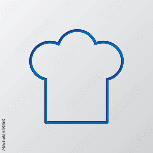 Chef hat, kitchen simple icon. Flat design. Paper cut design. Cutted blue symbol with shadow. Gray background