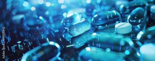 Close-up of various medication pills and capsules with a futuristic blue lighting effect, representing healthcare and pharmaceutical concepts.