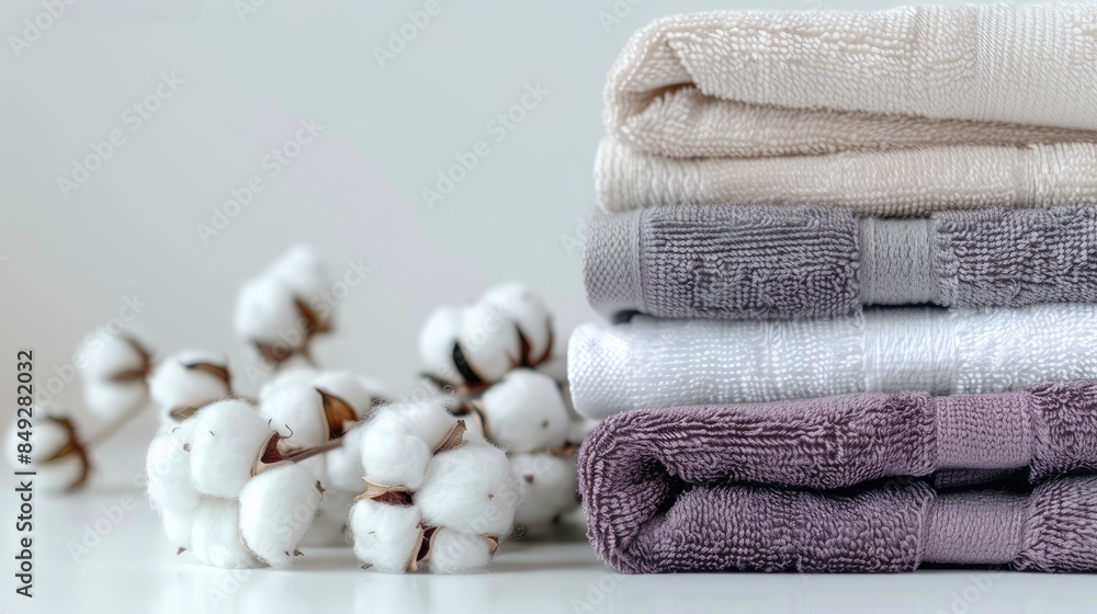 white, grey, and purple towels stacked with a cotton flower on a plain background, ideal for product display. white, grey, and purple towels stacked with a cotton flower on a plain background, ideal for product display.