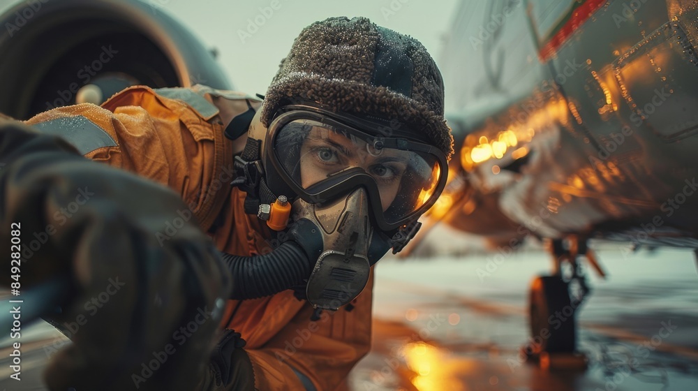 Technician Refueling Aircraft at Dawn Wearing Safety Goggles and Gloves
Technician Refueling Aircraft at Dawn Wearing Safety Goggles and Gloves