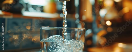 Close-up of water pouring into a glass from a kitchen faucet, creating bubbles and a splash in the warm, inviting home environment.