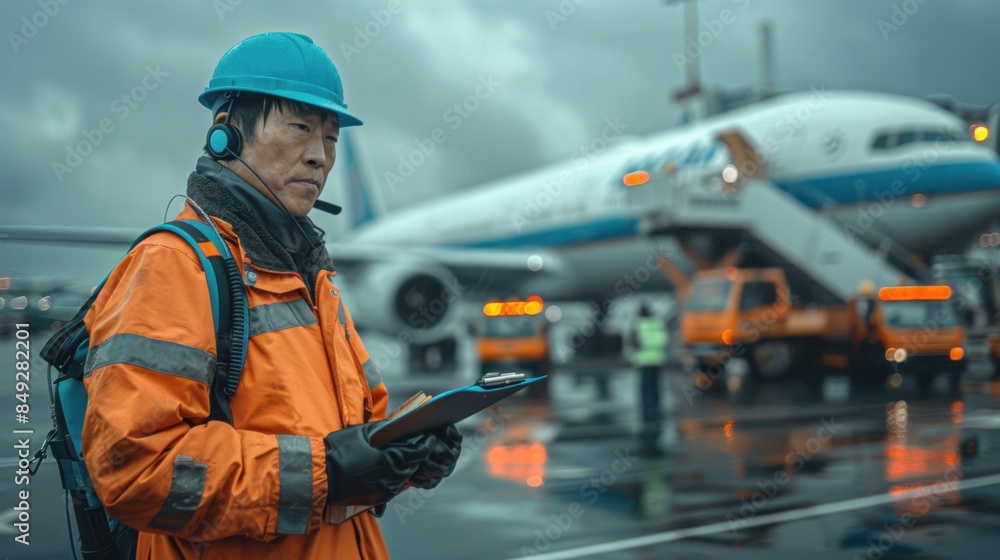 Airport Staff Directing Traffic on Tarmac with Radio and Clipboard
Airport Staff Directing Traffic on Tarmac with Radio and Clipboard