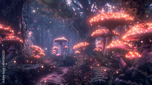 Mystical Halloween Forest with Glowing Mushrooms and Enchanting Creatures for Seasonal Designs photo