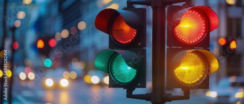 Close-up view of a traffic light in an urban setting, illuminated with red, amber, and green lights against a blurred city background at dusk. photo